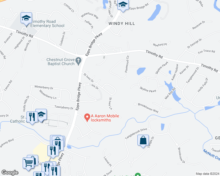 map of restaurants, bars, coffee shops, grocery stores, and more near 660 Saint Ives Drive in Athens