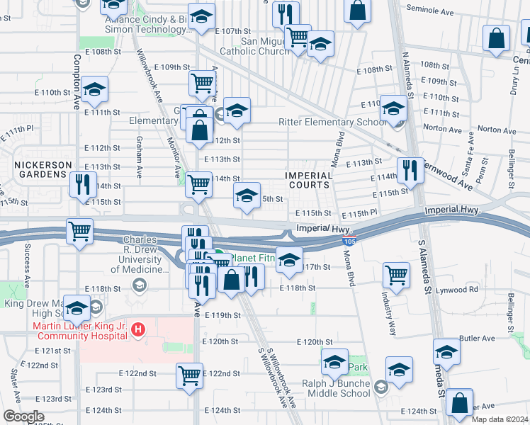 map of restaurants, bars, coffee shops, grocery stores, and more near 2069 East Imperial Highway in Los Angeles