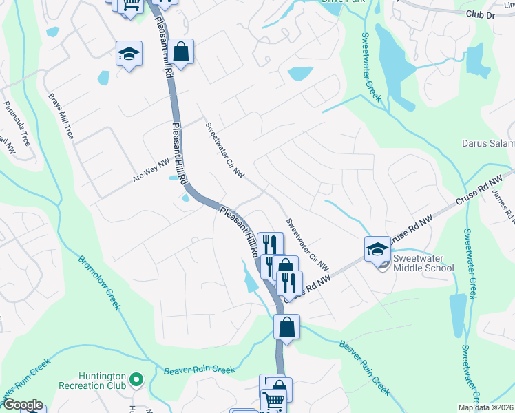 map of restaurants, bars, coffee shops, grocery stores, and more near 3643 McClaren Way in Lawrenceville