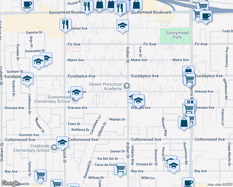 map of restaurants, bars, coffee shops, grocery stores, and more near 24419 Atwood Avenue in Moreno Valley