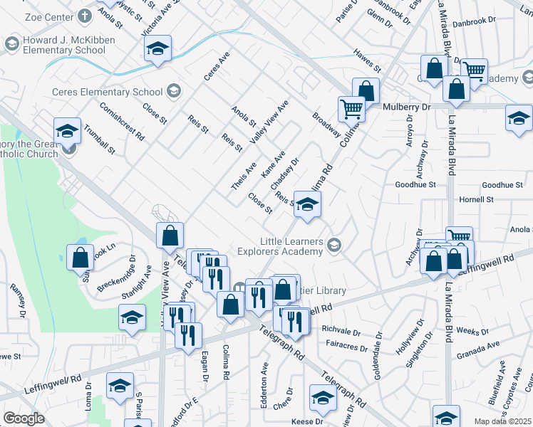 map of restaurants, bars, coffee shops, grocery stores, and more near 14546 Close Street in Whittier