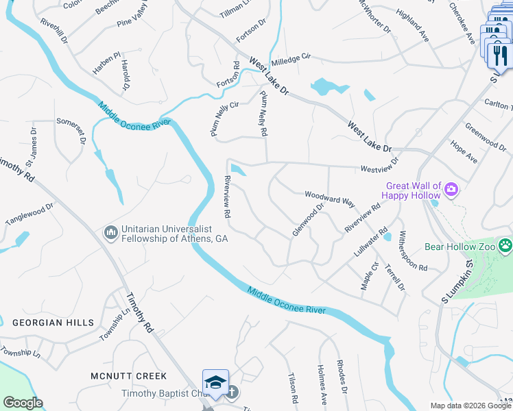 map of restaurants, bars, coffee shops, grocery stores, and more near 640 Glenwood Drive in Athens