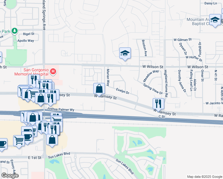 map of restaurants, bars, coffee shops, grocery stores, and more near 5504 Evelyn Drive in Banning