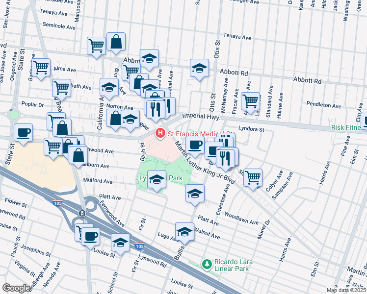 map of restaurants, bars, coffee shops, grocery stores, and more near 3637 Martin Luther King Junior Boulevard in Lynwood