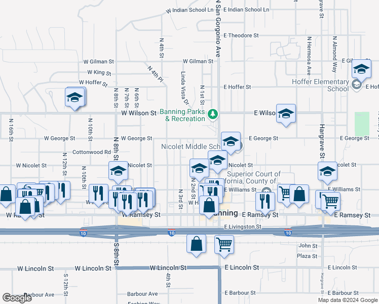 map of restaurants, bars, coffee shops, grocery stores, and more near 495 North 2nd Street in Banning
