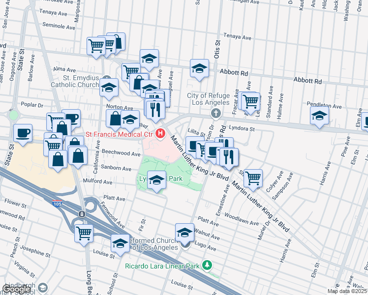 map of restaurants, bars, coffee shops, grocery stores, and more near 3637 Martin Luther King Junior Boulevard in Lynwood