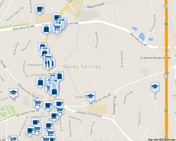 map of restaurants, bars, coffee shops, grocery stores, and more near 455 Bridges Creek Trail Northeast in Atlanta