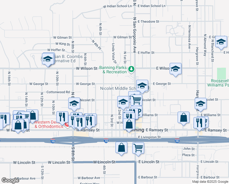 map of restaurants, bars, coffee shops, grocery stores, and more near 490 North 3rd Street in Banning