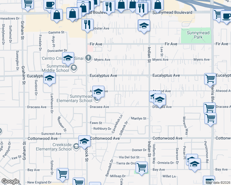 map of restaurants, bars, coffee shops, grocery stores, and more near 123 Atwood Avenue in Moreno Valley