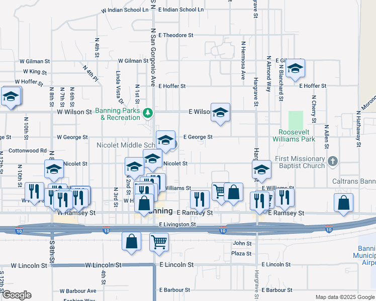 map of restaurants, bars, coffee shops, grocery stores, and more near 495 Martin Street in Banning