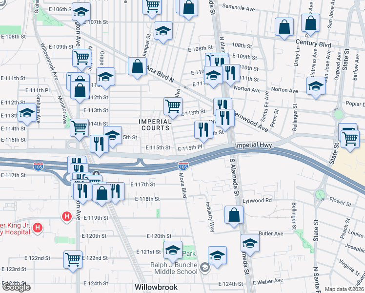 map of restaurants, bars, coffee shops, grocery stores, and more near 2411 East 115th Place in Los Angeles