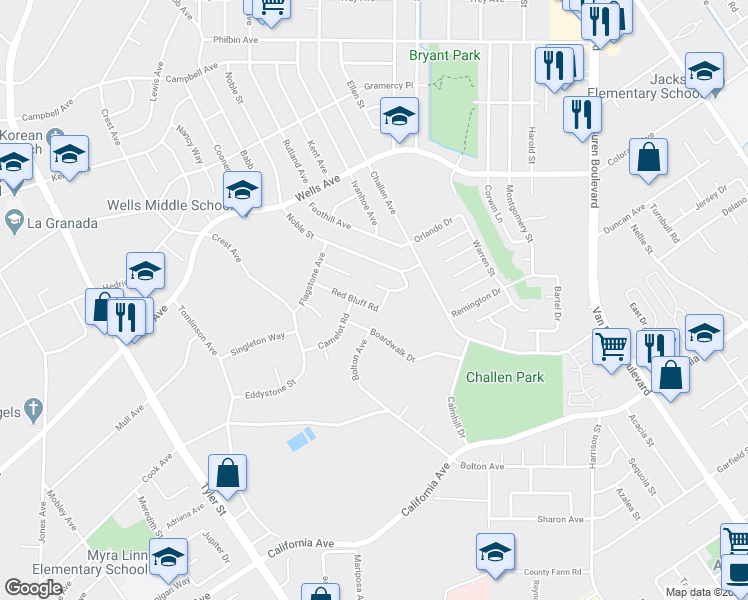 map of restaurants, bars, coffee shops, grocery stores, and more near 4979 Red Bluff Road in Riverside