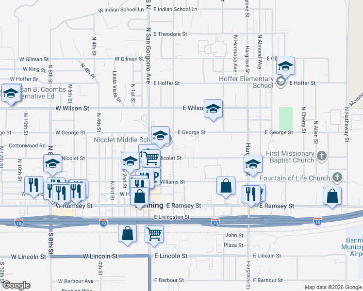 map of restaurants, bars, coffee shops, grocery stores, and more near 495 Martin Street in Banning