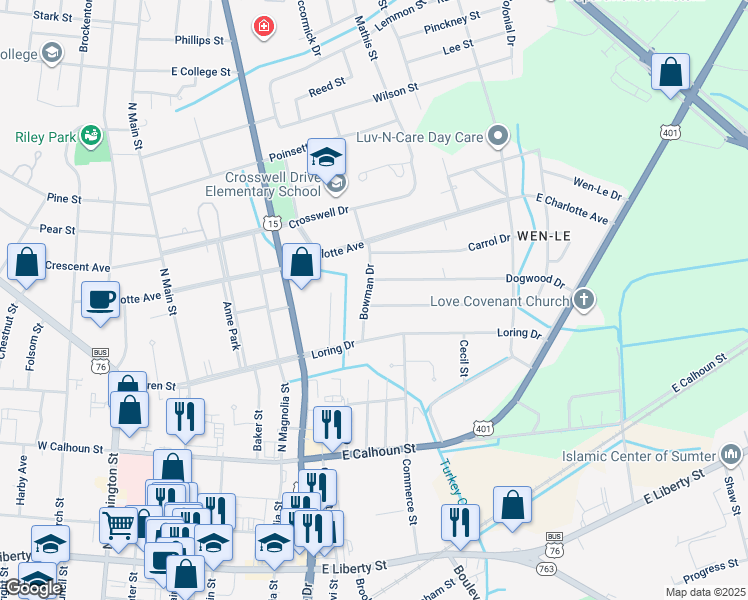 map of restaurants, bars, coffee shops, grocery stores, and more near 413 Robney Drive in Sumter