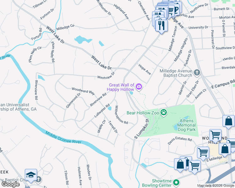 map of restaurants, bars, coffee shops, grocery stores, and more near 295 Lullwater Road in Athens