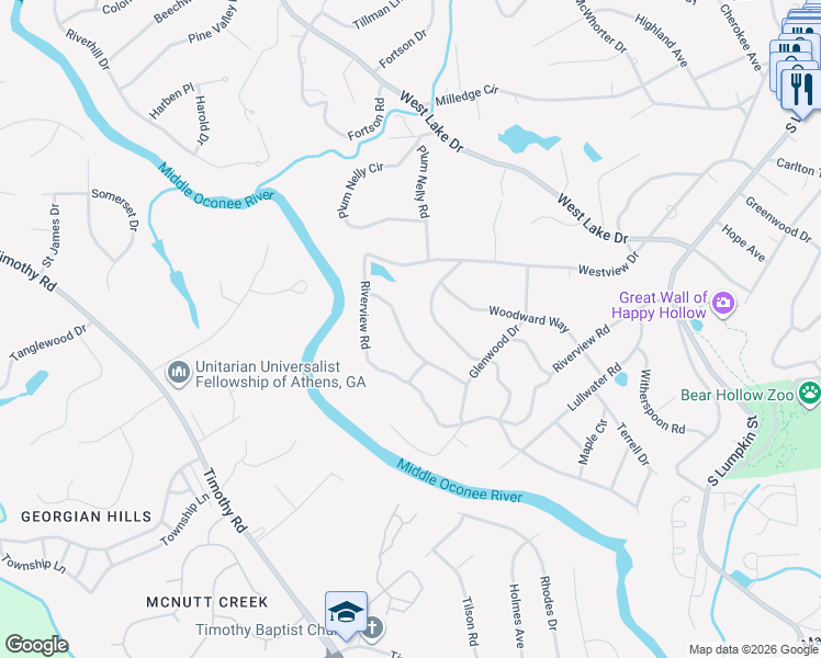 map of restaurants, bars, coffee shops, grocery stores, and more near 640 Glenwood Drive in Athens
