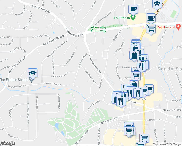 map of restaurants, bars, coffee shops, grocery stores, and more near 71 Long Island Place Northwest in Atlanta