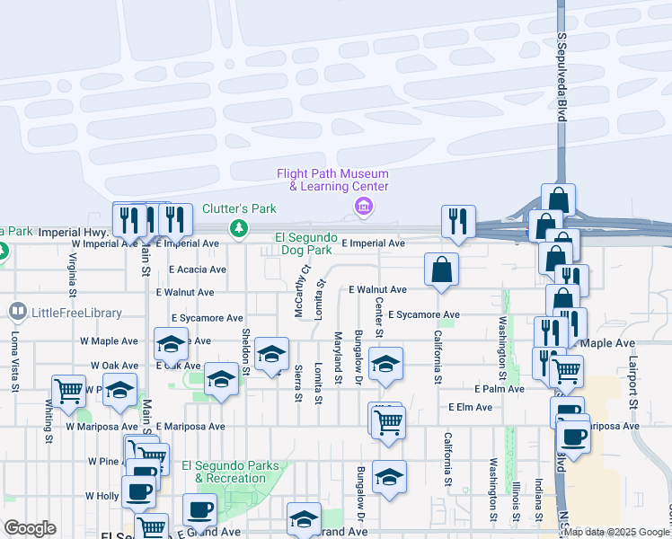 map of restaurants, bars, coffee shops, grocery stores, and more near 1000 Lomita Street in El Segundo