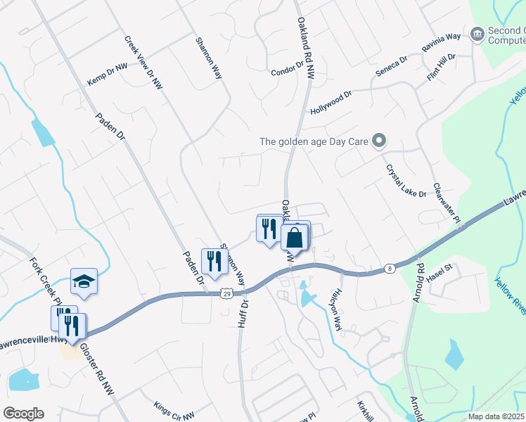 map of restaurants, bars, coffee shops, grocery stores, and more near 2324 Oakland Manor Northwest in Lawrenceville