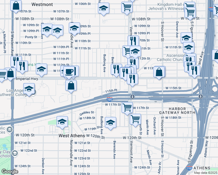 map of restaurants, bars, coffee shops, grocery stores, and more near 11426 Berendo Avenue in Los Angeles