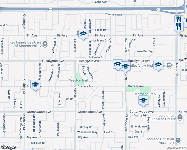 map of restaurants, bars, coffee shops, grocery stores, and more near 13148 Pawnee Drive in Moreno Valley