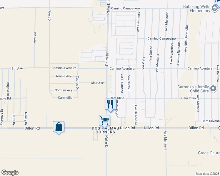 map of restaurants, bars, coffee shops, grocery stores, and more near 16260 Palm Drive in Desert Hot Springs