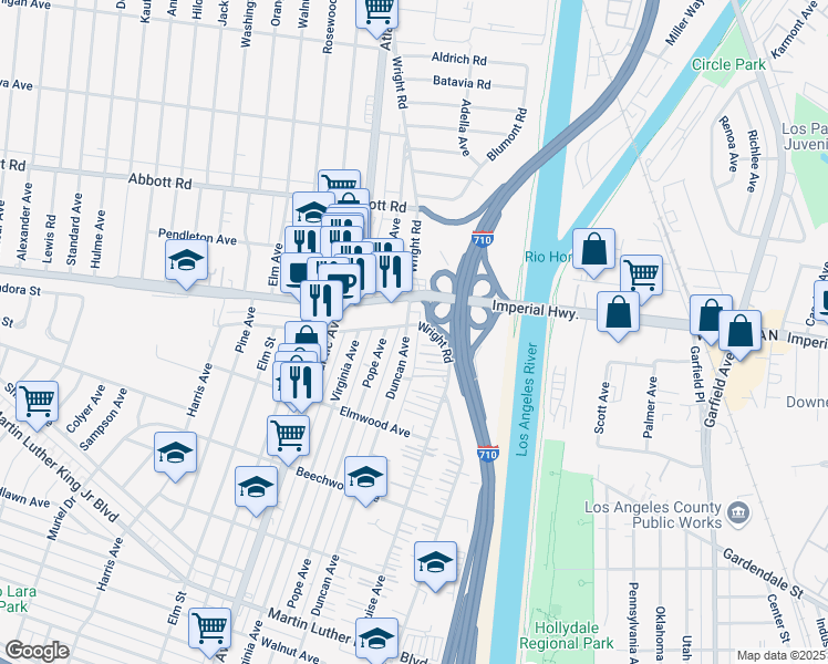 map of restaurants, bars, coffee shops, grocery stores, and more near 10932 Duncan Avenue in Lynwood