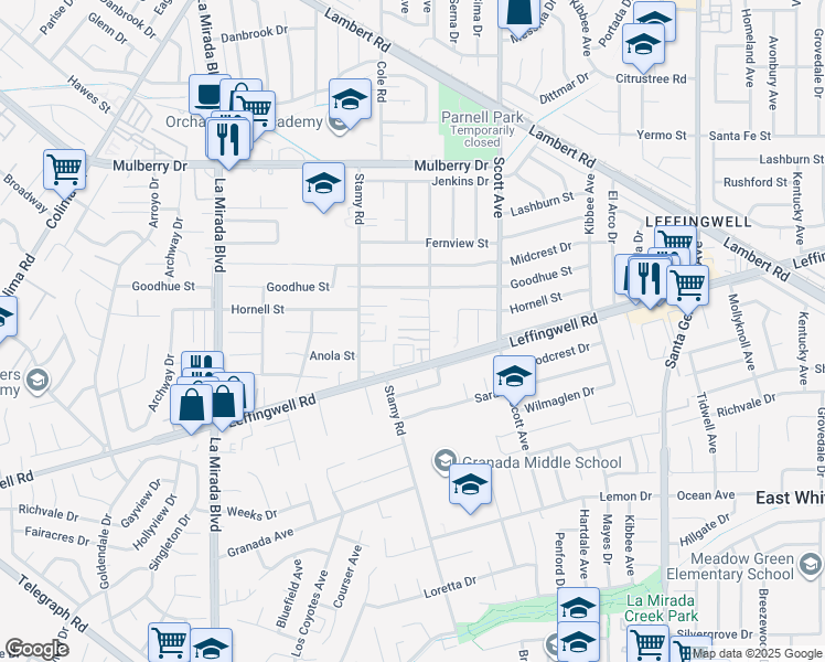 map of restaurants, bars, coffee shops, grocery stores, and more near 11237 Gladhill Road in Whittier