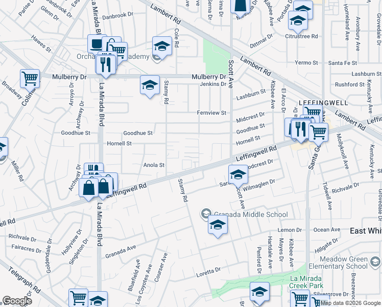 map of restaurants, bars, coffee shops, grocery stores, and more near 11234 Gladhill Road in Whittier