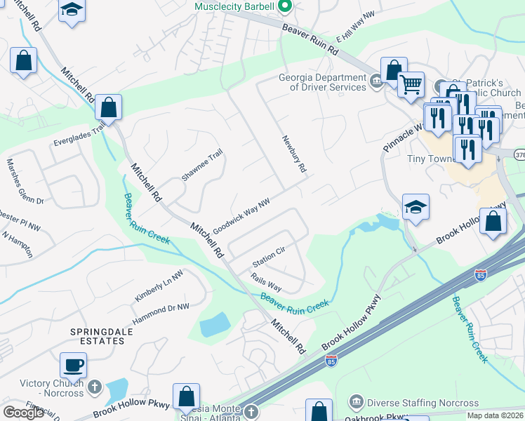 map of restaurants, bars, coffee shops, grocery stores, and more near 5462 Goodwick Way Northwest in Norcross