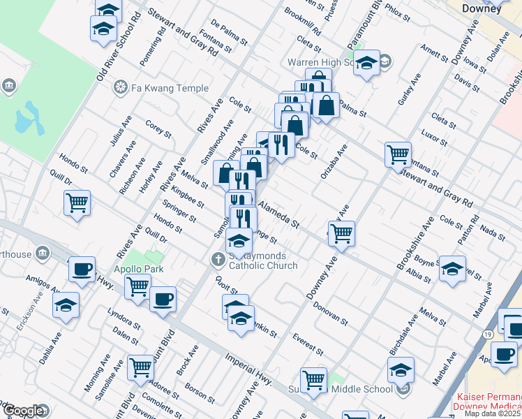 map of restaurants, bars, coffee shops, grocery stores, and more near 8018 Alameda Street in Downey