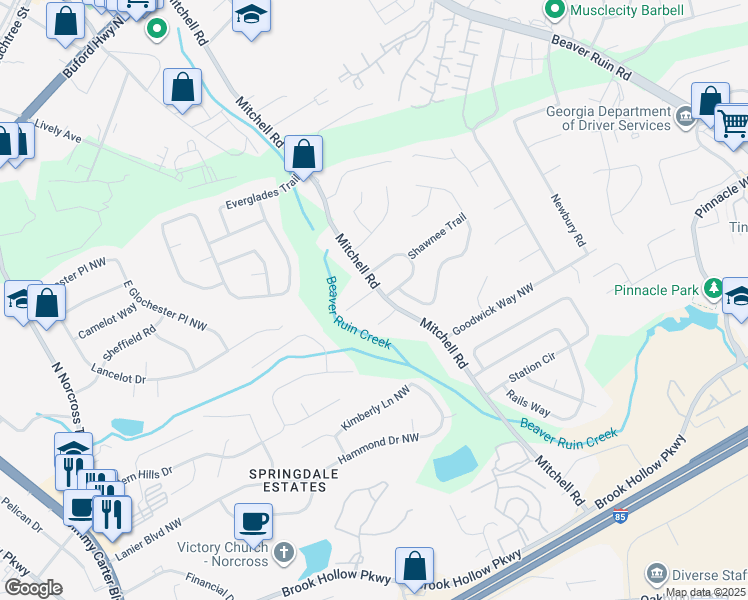 map of restaurants, bars, coffee shops, grocery stores, and more near 5656 Heron Court in Norcross
