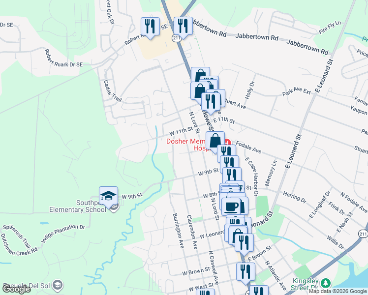map of restaurants, bars, coffee shops, grocery stores, and more near 1005 North Caswell Avenue in Southport
