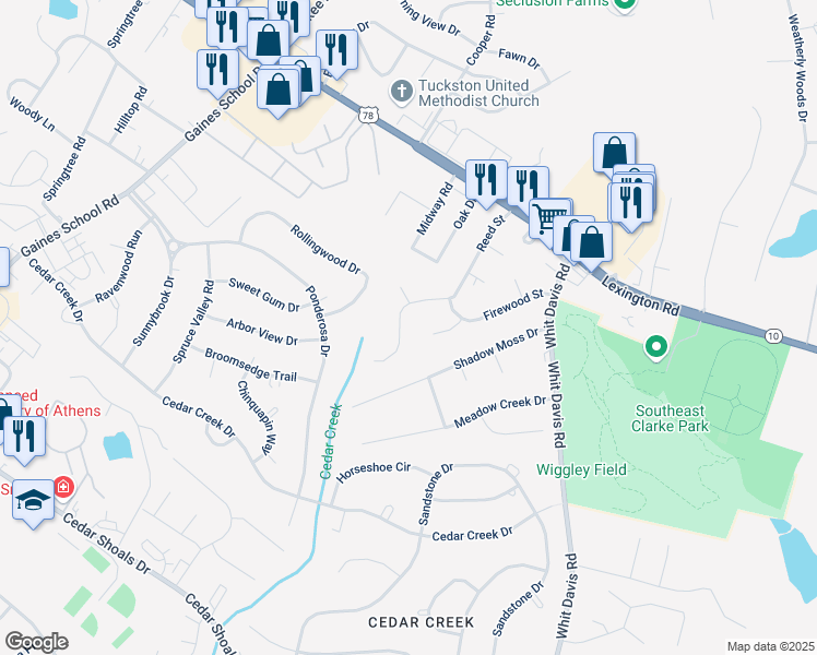 map of restaurants, bars, coffee shops, grocery stores, and more near 253 Reed Street in Athens