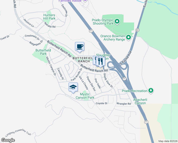 map of restaurants, bars, coffee shops, grocery stores, and more near 6440 Vía Del Rancho in Chino Hills