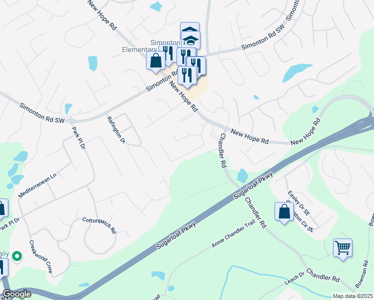 map of restaurants, bars, coffee shops, grocery stores, and more near 1180 Chandler Ridge Drive Southeast in Lawrenceville