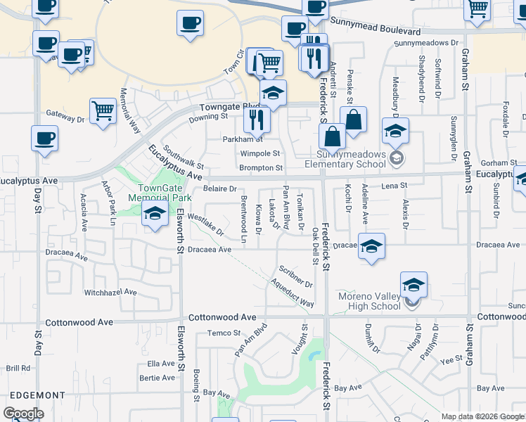 map of restaurants, bars, coffee shops, grocery stores, and more near 13112 Kiowa Drive in Moreno Valley