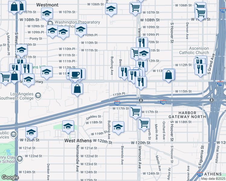 map of restaurants, bars, coffee shops, grocery stores, and more near 11500 Budlong Avenue in Los Angeles