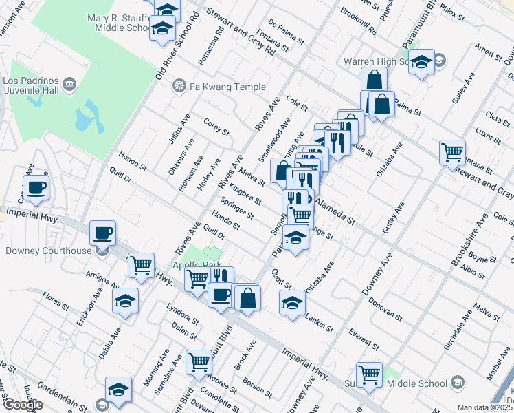 map of restaurants, bars, coffee shops, grocery stores, and more near 7908 Kingbee Street in Downey