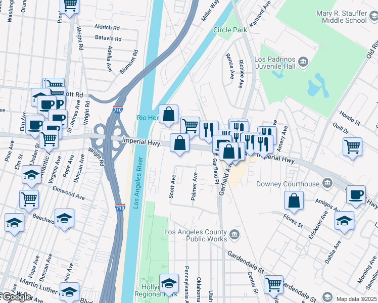map of restaurants, bars, coffee shops, grocery stores, and more near 5610 Imperial Highway in South Gate