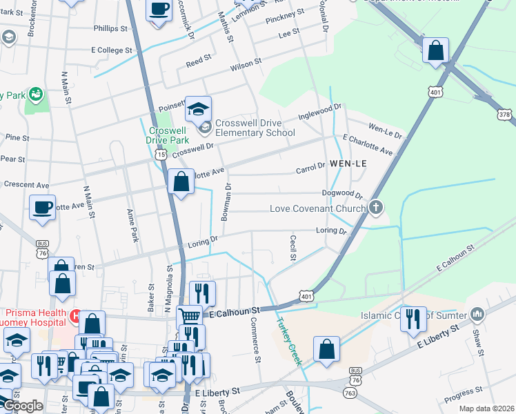 map of restaurants, bars, coffee shops, grocery stores, and more near 427 Robney Drive in Sumter