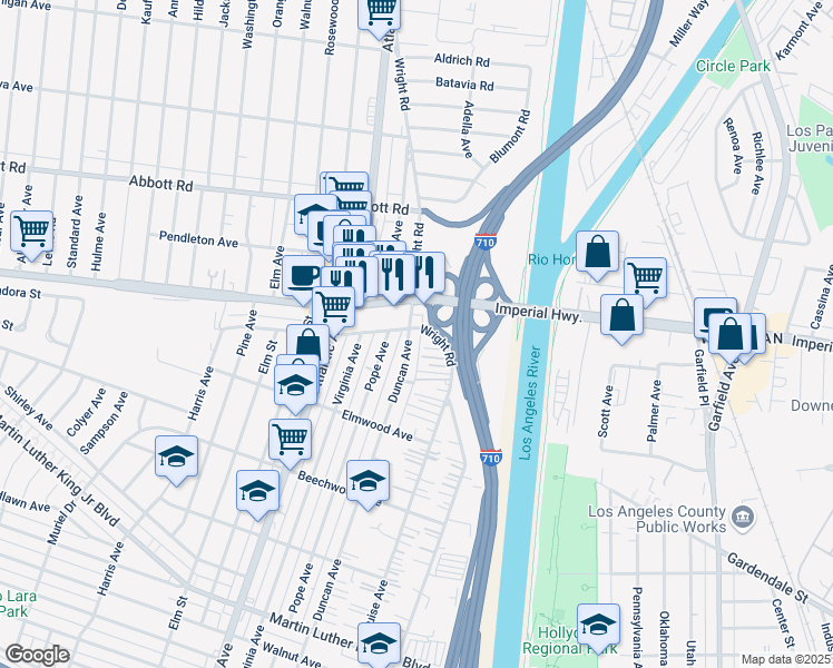 map of restaurants, bars, coffee shops, grocery stores, and more near 10932 Duncan Avenue in Lynwood