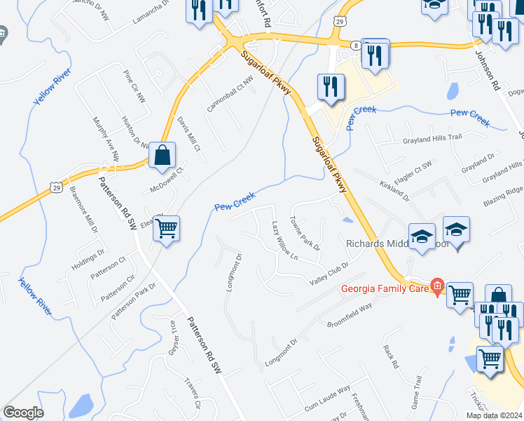 map of restaurants, bars, coffee shops, grocery stores, and more near 285 Lazy Willow Lane in Lawrenceville