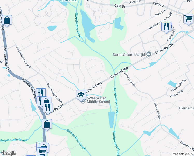 map of restaurants, bars, coffee shops, grocery stores, and more near 3341 Vintage Pointe Court in Lawrenceville