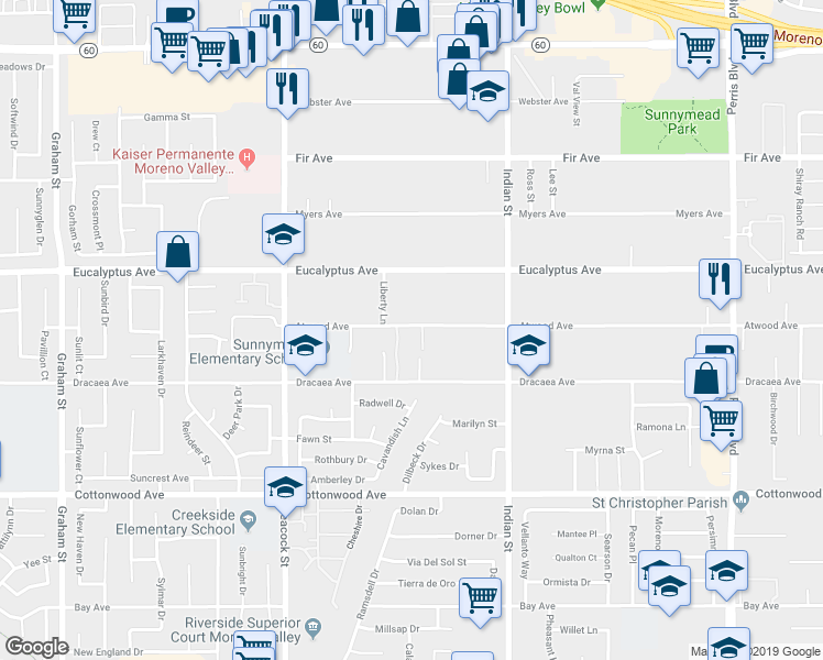 map of restaurants, bars, coffee shops, grocery stores, and more near 24281 Atwood Avenue in Moreno Valley