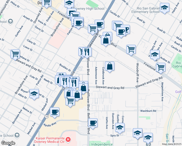 map of restaurants, bars, coffee shops, grocery stores, and more near 11656 Bellflower Boulevard in Downey