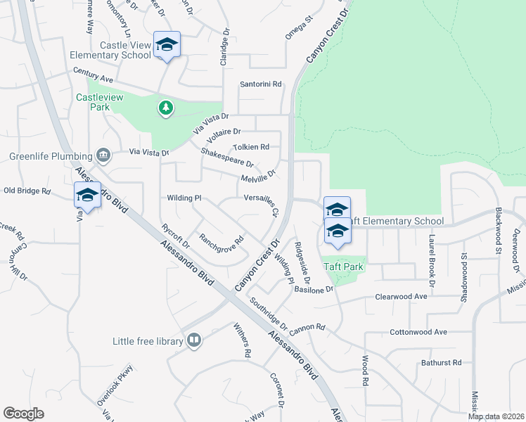 map of restaurants, bars, coffee shops, grocery stores, and more near 1202 Villanova Place in Riverside