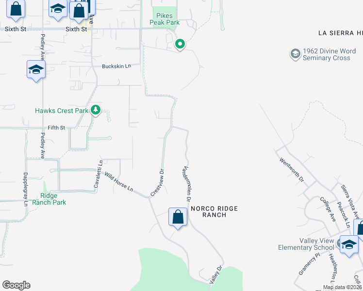 map of restaurants, bars, coffee shops, grocery stores, and more near 3302 Vandermolen Drive in Norco