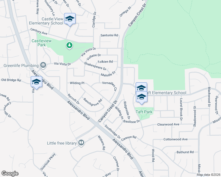 map of restaurants, bars, coffee shops, grocery stores, and more near 1202 Villanova Place in Riverside