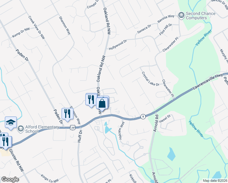 map of restaurants, bars, coffee shops, grocery stores, and more near 2225 Oakland Downs Way in Lawrenceville